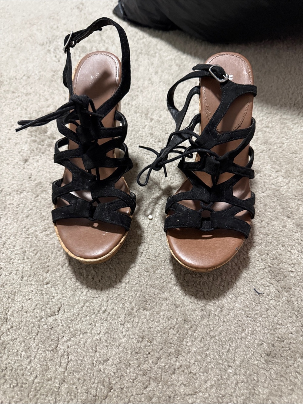Women’s Black Strappy Lace-Up Wedge Sandals